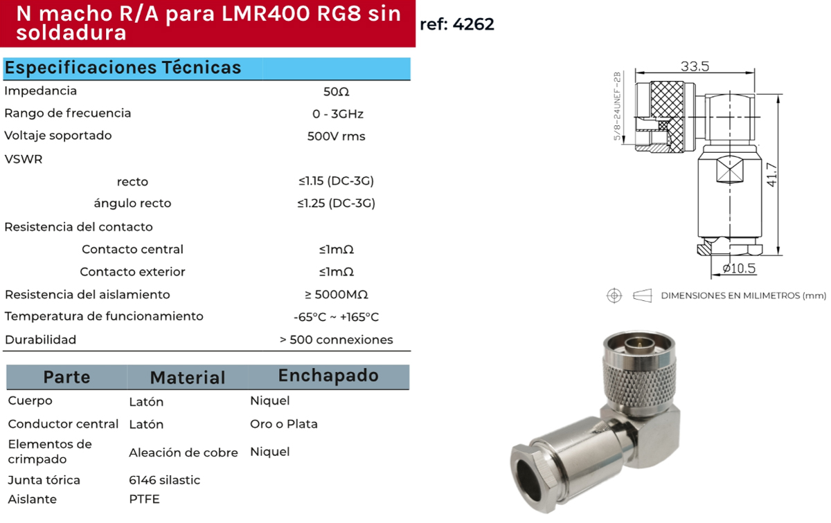 CON4262 Conector N Macho acodado 90 grados para soldar LMR400 PTFE