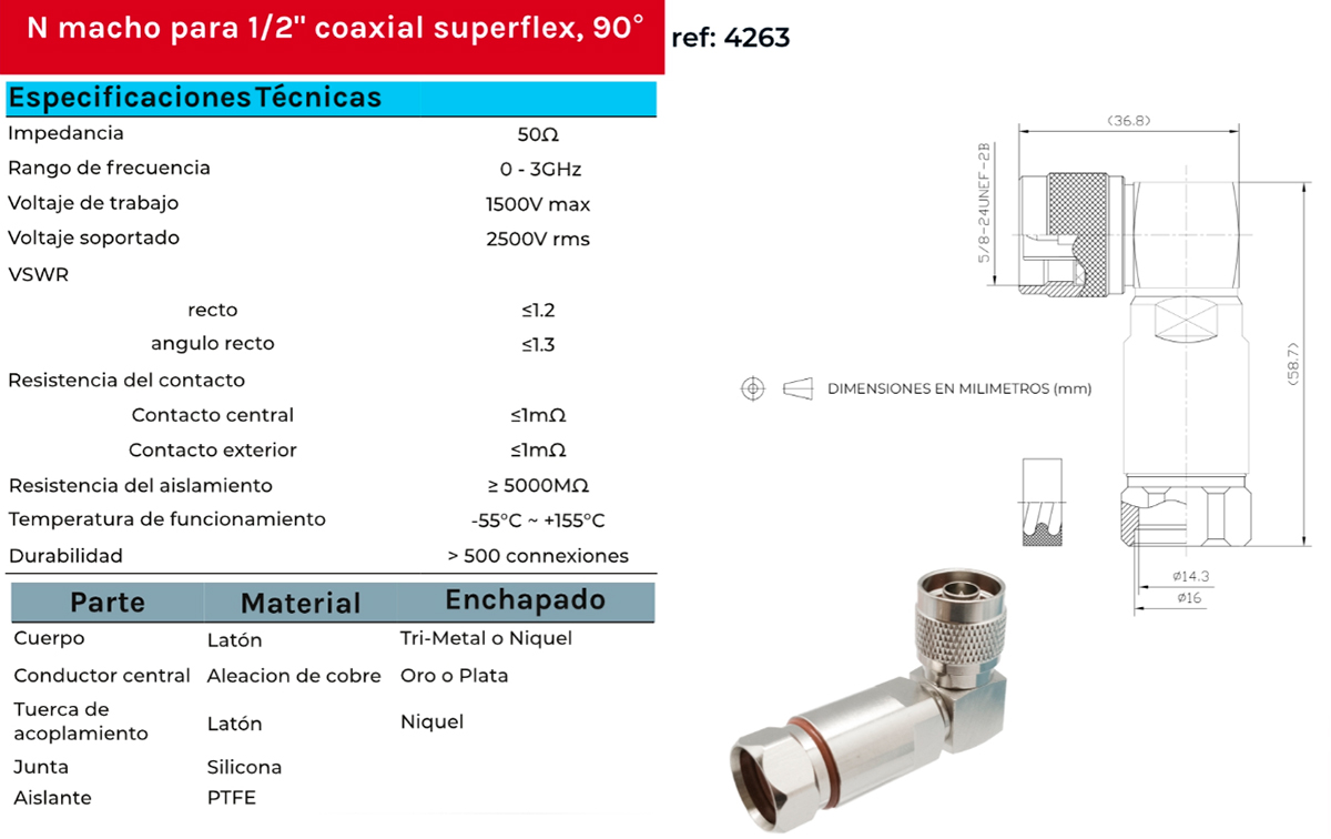 con4263 conector n macho acodado para cable 1/2 pulgada superflexible 