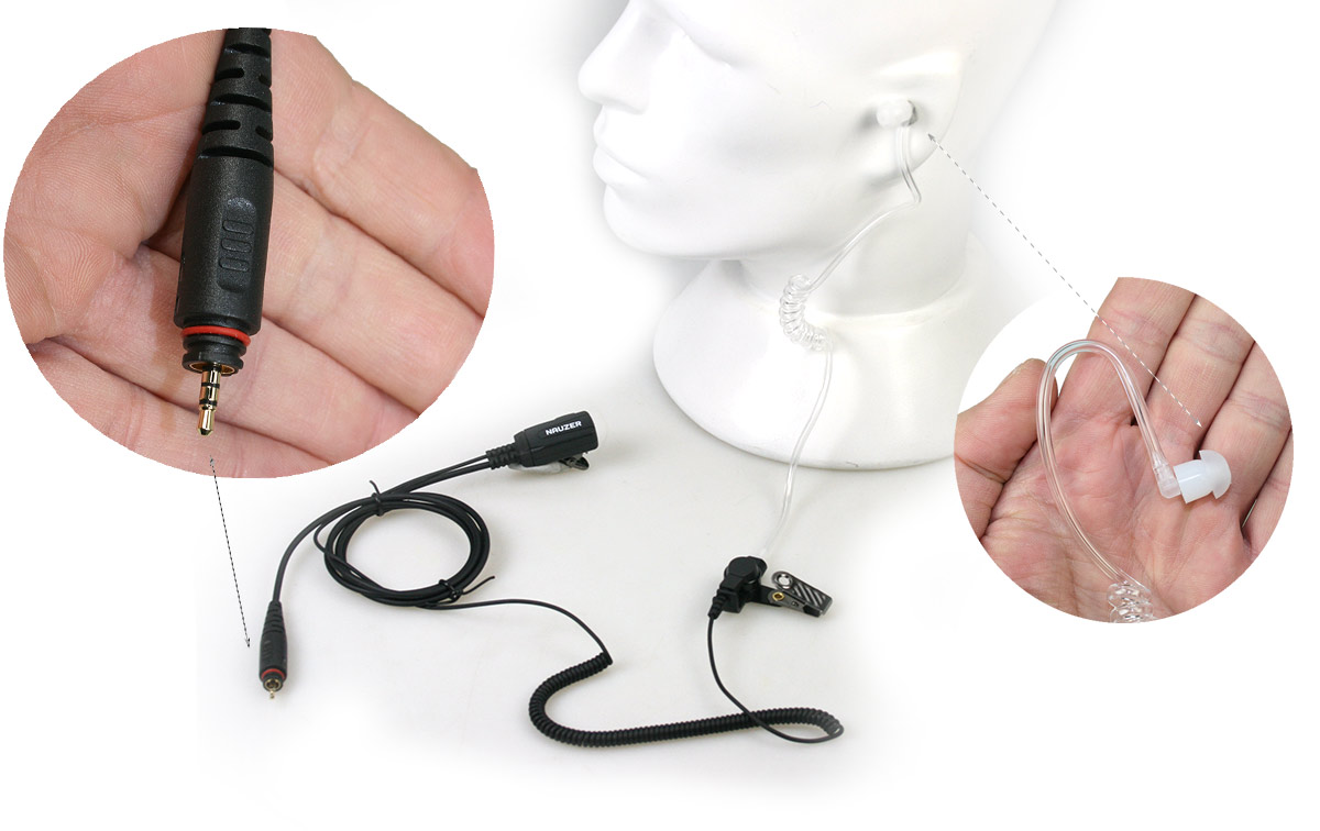 ptt y pinza: incorpora un pulsador (ptt) en el micrófono de solapa, que permite al usuario activar la transmisión de voz. también tiene una pinza metálica giratoria para facilitar la sujeción del ptt.