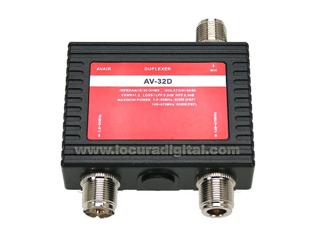 AVAIR AV32D duplexer 1 input, 2 outputs from 1.6 to 56 Mhz. / 140-470 Mhz.