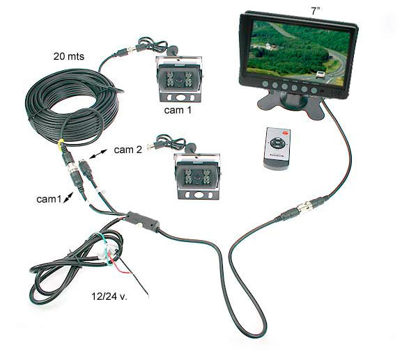 BRV7 KIT-2T BARRISTER Camara para maniobras marcha atras 2 CAMARA CON SONIDO   Monitor 7 pulgadas - CARCASA  NEGRA