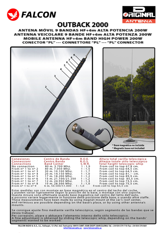 FALCON OUTBACK 2000 MOBILE HF 9-Band ANTENNA 80 / 40 / 30 / 20 / 17 / 15 / 12 / 10 / 6 meters