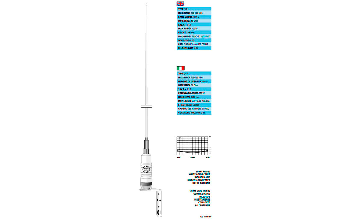 NAVY SIRTEL Antena Nautica Fibra, VHF 156-166 Mhz.,100 W Long.120 cms. 
