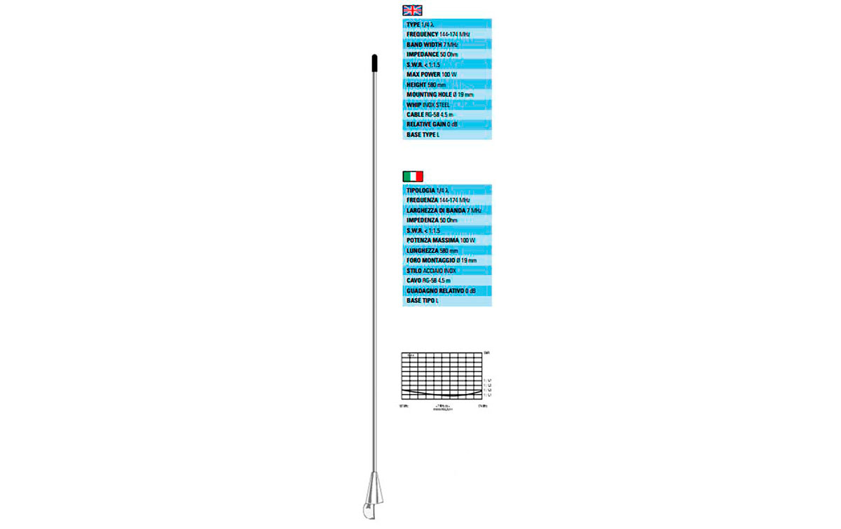 STILO-SLA4 SIRTEL Varilla antena SLA4 VHF de 144 a 174 Mhz. tipo palomilla. Solo es varilla