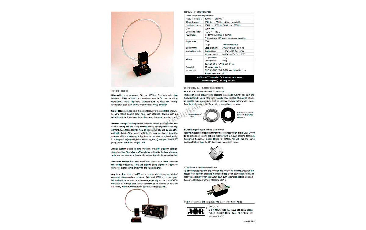 LA400 AOR Antena loop interior 10 kHz - 500 Mhz