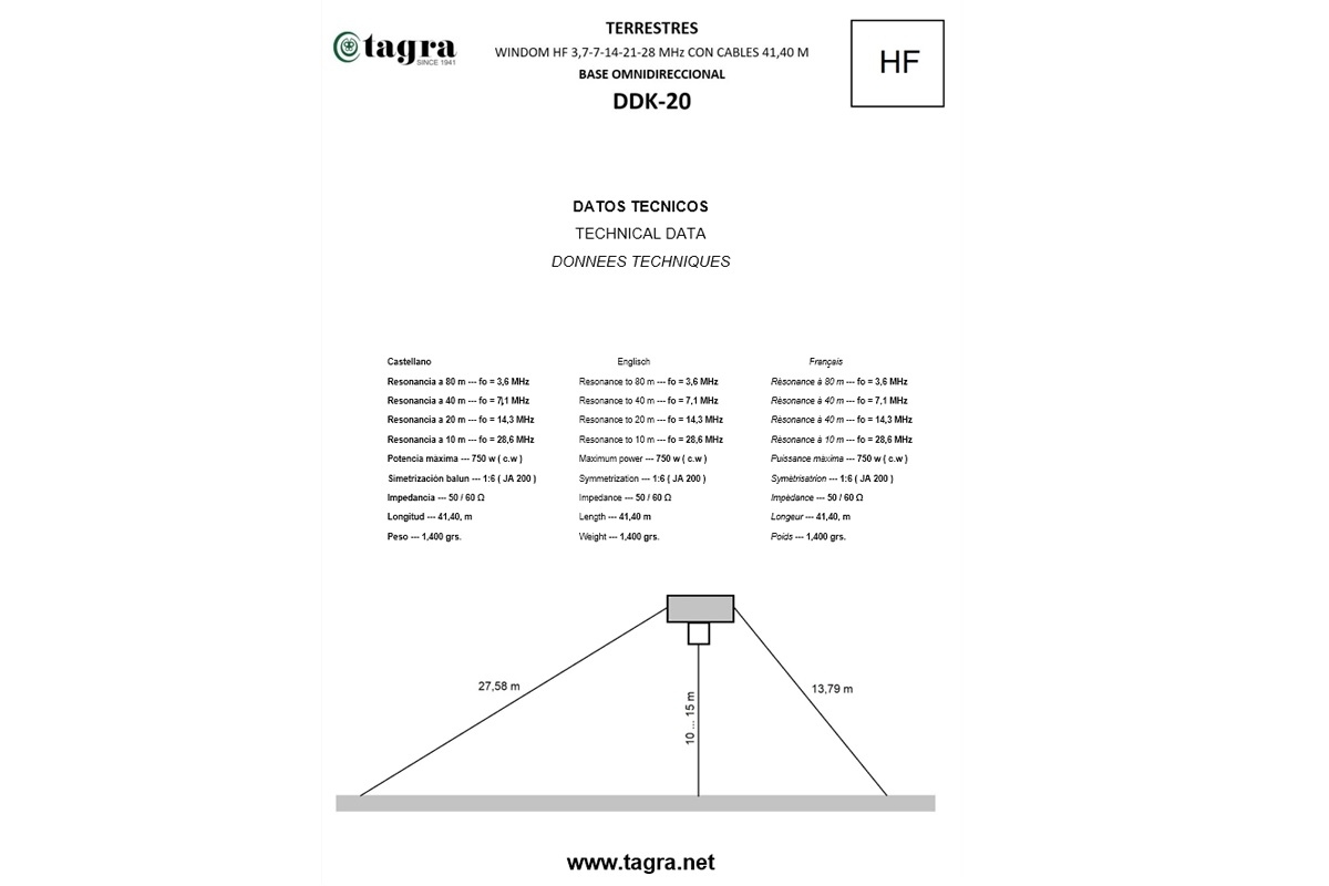 antena dipolo tipo windom ddk-20 bandas 80-40-20-15-10