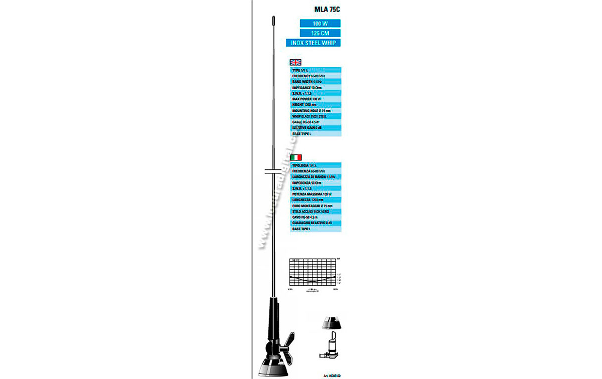 MLA75C SIRTEL Antena móvil palomilla 1/4, 66-88 Mhz.100 watios, longitud 126 cms. 