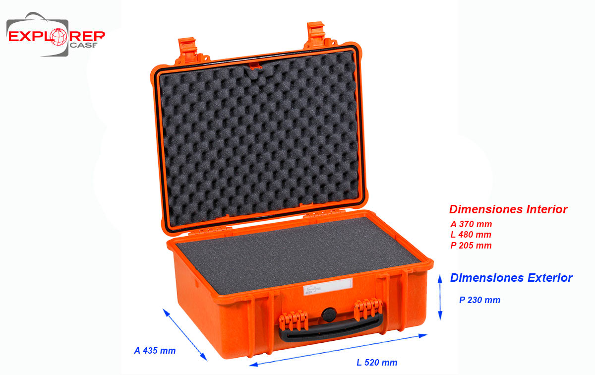 4820-O Maleta Explorer naranja con espuma Int- L 480 x A 370 x P205 mm, medidas exterior: Largo 520 x Ancho 435 x Profundidad 230 mm. Maleta de proteccion indestructible de polipropileno ideal para proteger equipos de radiocomunicacion, camaras, de tamaño mediano y accsorios etc., Incluye espuma en su interiores acolchado personalizables. Normativa IP67 estanca al agua y polvo.