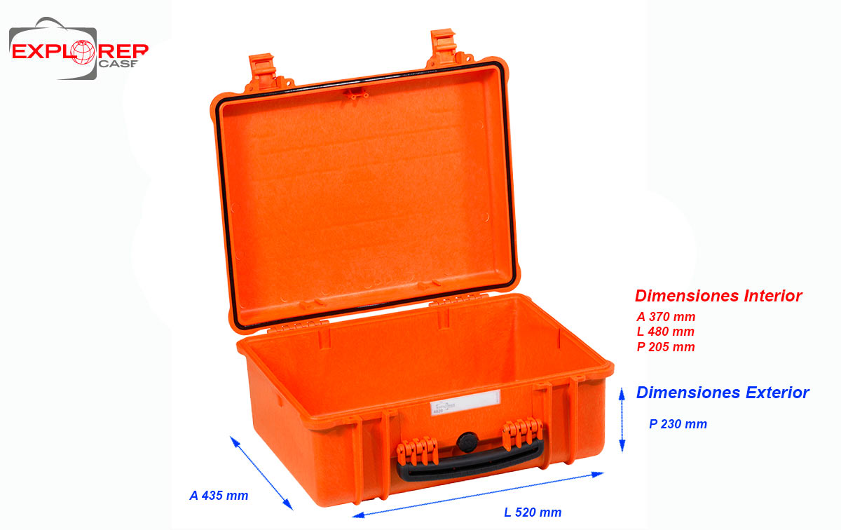 4820OE Maleta Explorer naranja sin espuma Interior L480 x A370 xP205mm. medidas exterior: Largo 520 x Ancho 435 x Profundidad 230 mm. Maleta de proteccion indestructible de polipropileno ideal para proteger equipos de radiocomunicacion, camaras, de tamaño mediano y accsorios etc. Normativa IP67 estanca al agua y polvo.