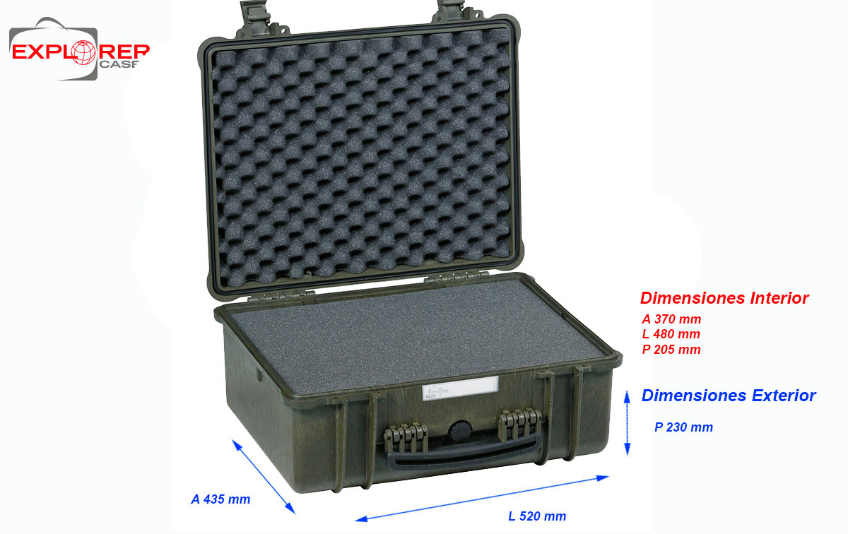 4820G Maleta Explorer verde con espuma Interior L 480 x A 370 x P 205 mm, medidas exterior: Largo 520 x Ancho 435 x Profundidad 230 mm. Maleta de proteccion indestructible de polipropileno ideal para proteger equipos de radiocomunicacion, camaras, de tamaño mediano y accsorios etc., Incluye espuma en su interiores acolchado personalizables. Normativa IP67 estanca al agua y polvo.