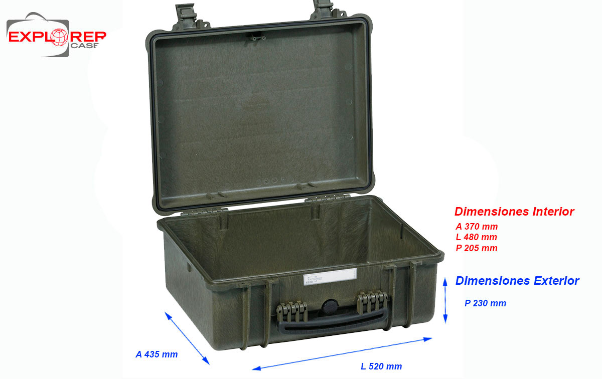 4820GE Maleta Explorer verde sin espuma Interior L480 x A370 xP205mm. medidas exterior: Largo 520 x Ancho 435 x Profundidad 230 mm. Maleta de proteccion indestructible de polipropileno ideal para proteger equipos de radiocomunicacion, camaras, de tamaño mediano y accsorios etc., . Normativa IP67 estanca al agua y polvo.