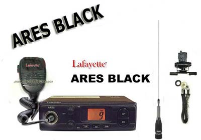 ARESBLACK KITD. CB 27 Mhz transmitter model ARES BLACK LAFAYETTE brand. AM / FM 4 watts. Color BLACK. BRAVO 150   ANTENNA   BASE WITH SPRING-HINGED SP100M MUTI