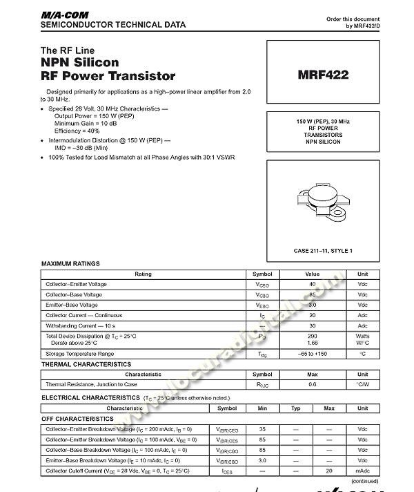 MRF422 RF Transistor