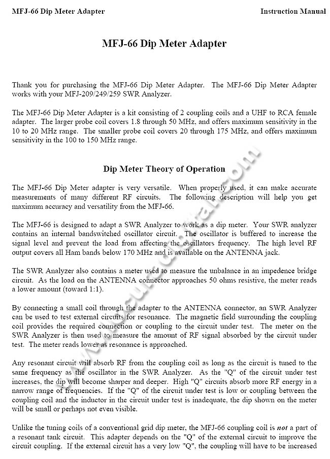 MFJ-66 da bobina do medidor de imers?para HF MFJ Analisadores / VHF.