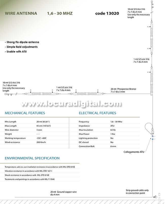 BANTEM- 13020 Antena HF dipolo de cable banda ancha 1,6 - 30 mHz