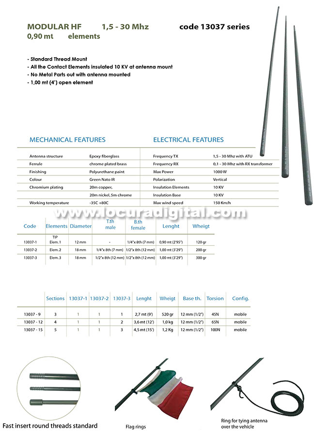 BANTEN 130379 Antena modular militar HF 1,5 30 mHz. Longitud total 2,7 mts.