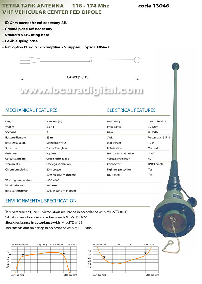 BANTEN-13046 Antena para vehiculo AIR-TANK VHF militar fibra de vidreo, banda ancha 225-512 Mhz. Longitud 91 cm.