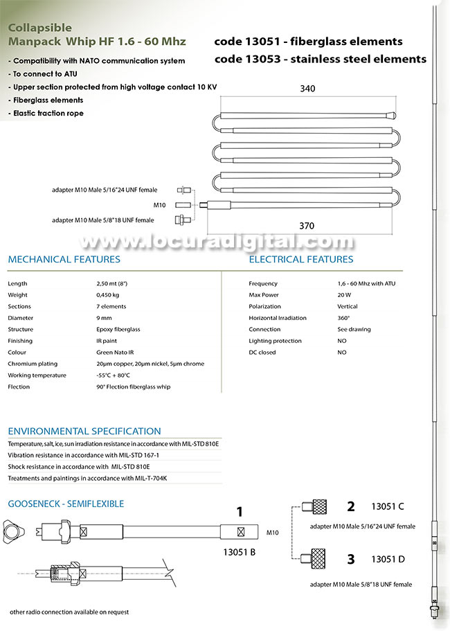 BANTEN-13051 Antena de fibra plegable manpack militar banda ancha 1,6-60 Mhz. Longitud 2,5 mts.