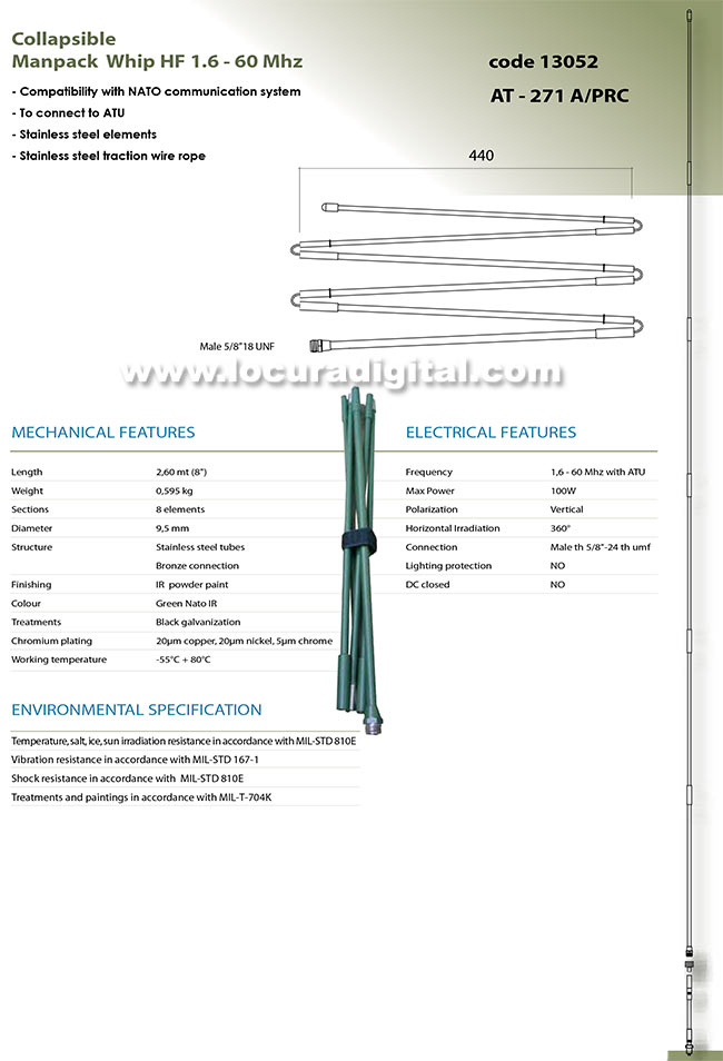 BANTEN-13053 Antena de Acero inoxidable plegable manpack militar banda ancha 1,6-60 Mhz. Longitud 2,6 mts.