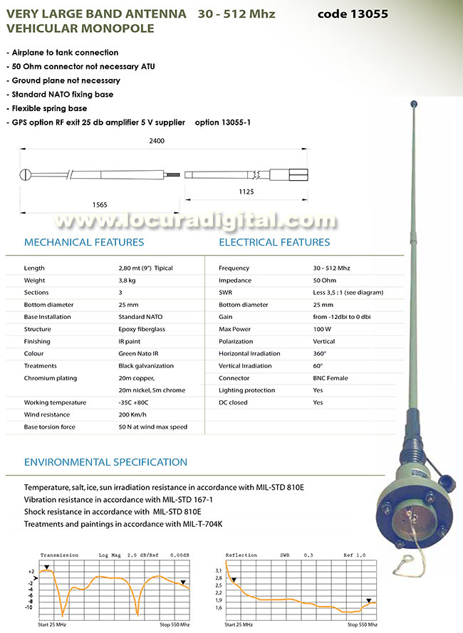 BANTEN-13055 Antena militar para vehiculo monopole fibra de vidreo, banda ancha 30-512 Mhz. Longitud 2,8 mts.