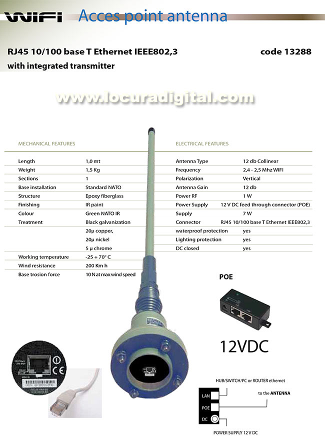 BANTEN 13288 Antena militar WIFI RJ45 10 100 BASE T Ethernet IEEE802,3 para vehiculo frecuencia 2400 2500 Mhz. Longitud 1 mts.