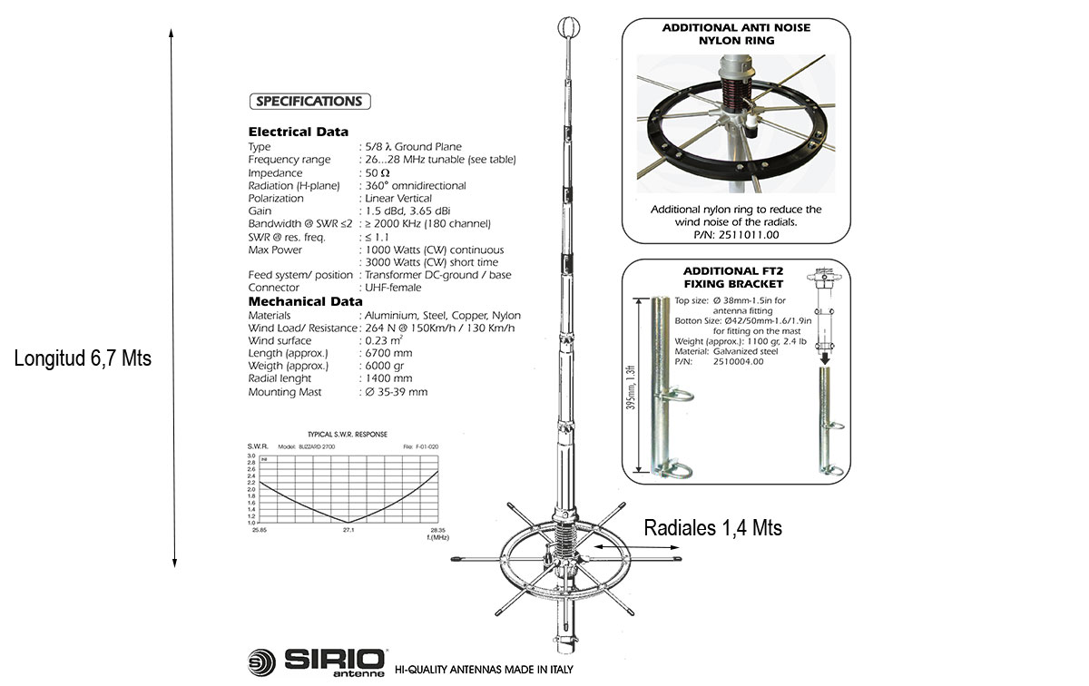 Antena base CB 27 Mhz Longitud 6,7 Mts con aro antiruido y movimiento de radiales