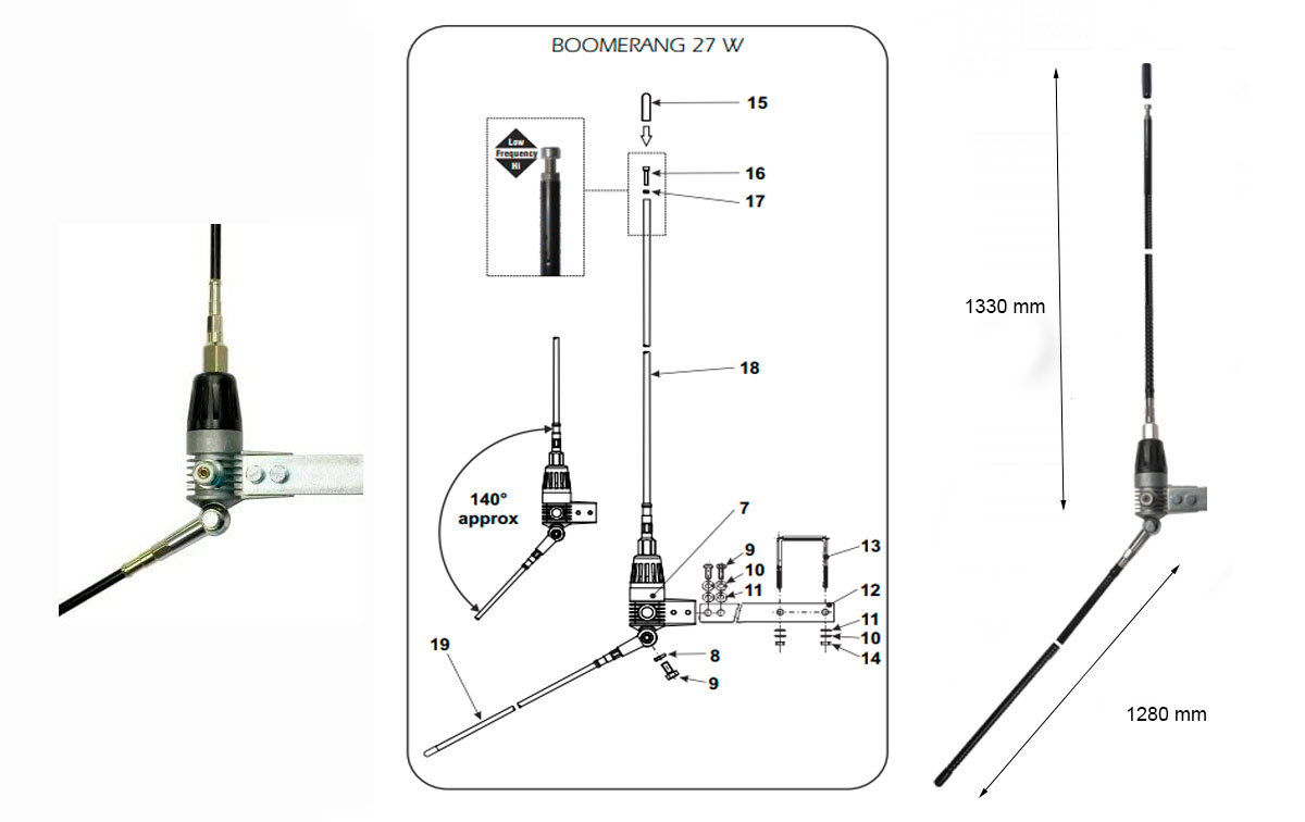 SIRIO BOOMERANG27W Antena de fibra CB 27 Mhz Balconera 1/4 Onda.