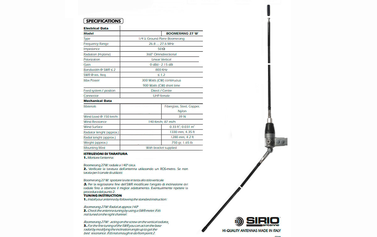 SIRIO BOOMERANG27W Antena de fibra CB 27 Mhz Balconera 1/4 Onda.