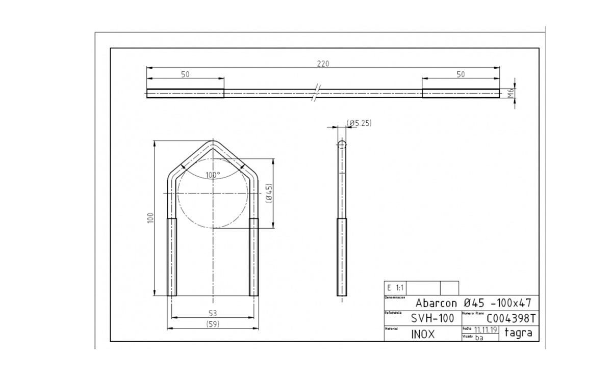 tagra c004398t abrazadera x 1 acero inoxidable 100 x 53 varillas m6 mm, medidas largo 100 x 53 diametro interior 45 mm .apta tanto para instalaciones marinas o terrestres. algunos de los tipos de abrazadera más comun son abrazaderas para mástiles y las bases para la fijación estable del mástil en tu instalación de televisión, torretas, antena de radiocomunicacion etc.