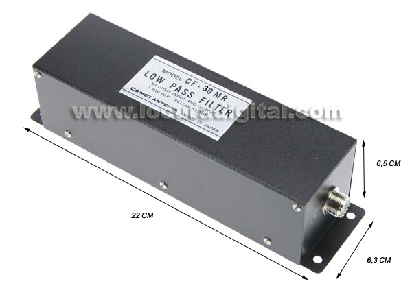 es un filtro de paso bajo diseñado para suprimir los armonicos contenidos en las señales RF del transmisor y para prevenir TVI y BCI. Su frecuencia límite está establecida en 30 MHz para la transmisión en una gama de frecuencias de 1,9 a 30 MHz.