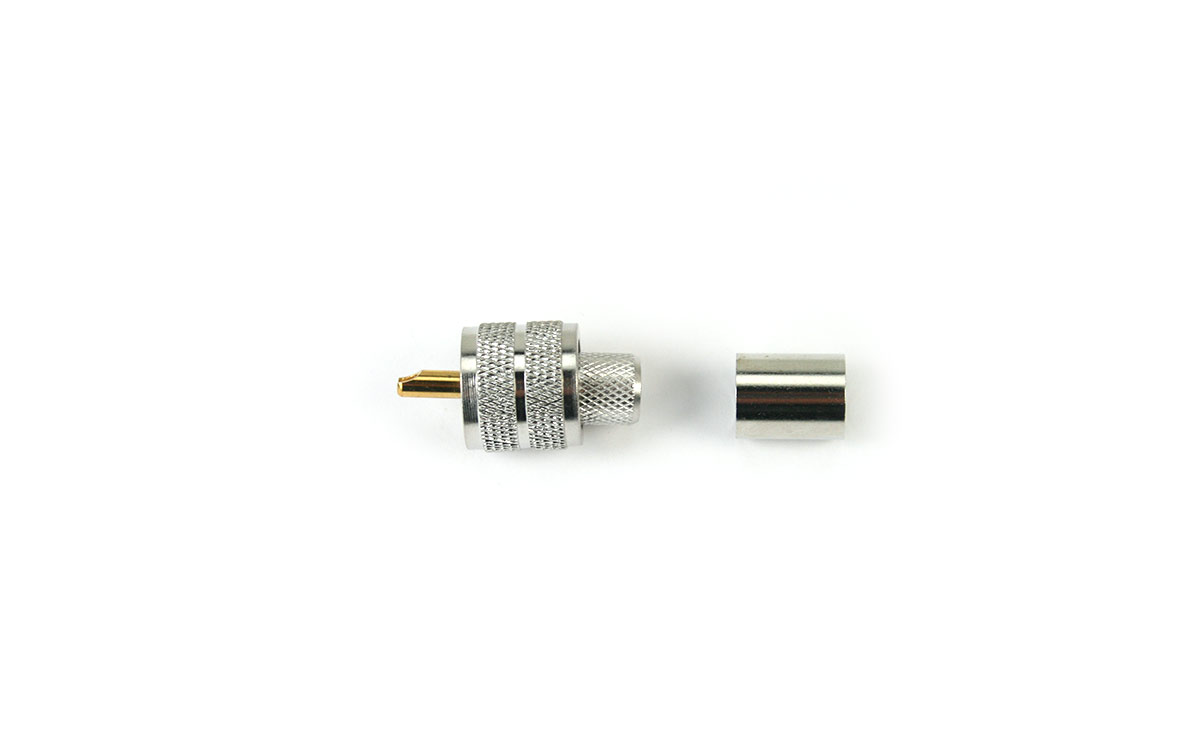 CON-1654. Conector PL MACHO formato corto para crimpar con politetrafluoroetileno (PTFE), conocido popularmente como Teflón