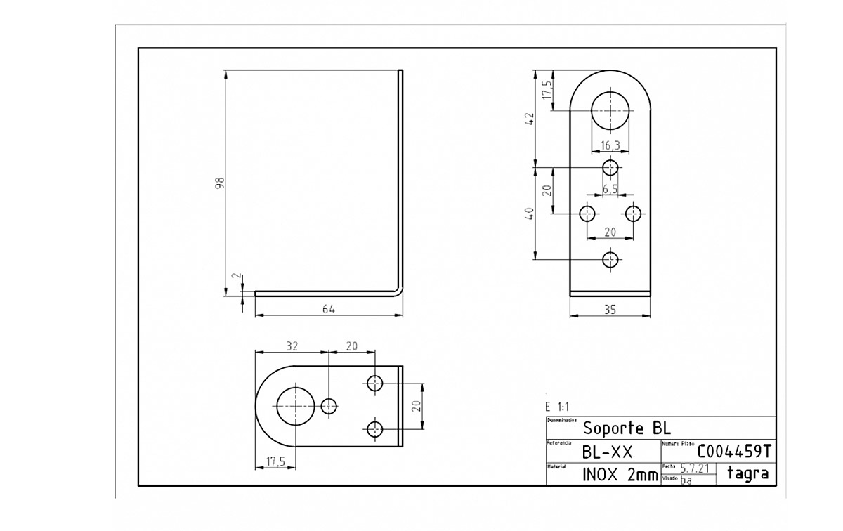 Las medidas exactas de este soporte son 64 x 98 mm, con un grosor de chapa de 2 mm. Estas dimensiones específicas aseguran una base sólida y duradera para montar tu antena de manera segura.