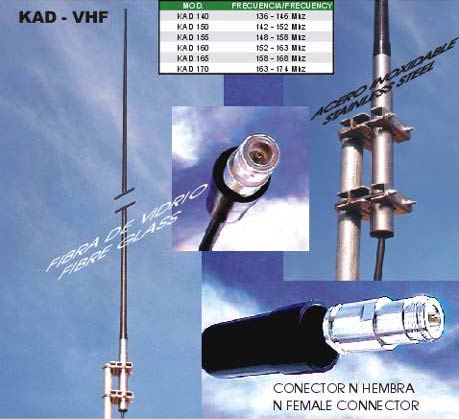 KAD165 Antena profesional de VHF colineal de fibra de vidrio. Frecuencia 158- 168 mhz.