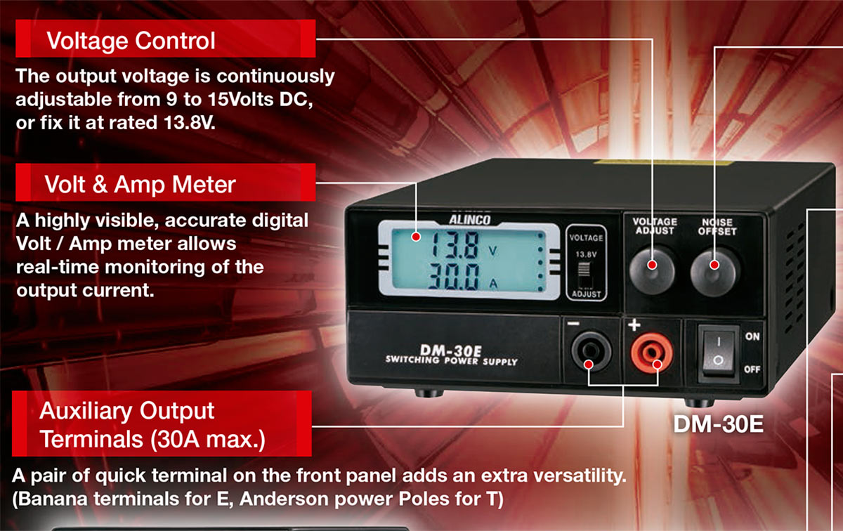 alinco dm30e fuente alimentacion conmutada 25a. regulable 9 a 15 voltios, con pantalla lcd, lectura de amperaje y voltage.