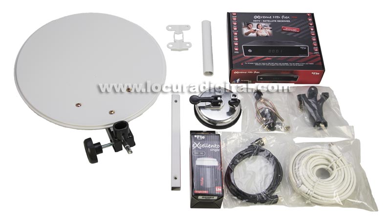 KIT CAMPING   ANTENA PARABOLICA 35 CM CON SUJECION VENTOSA   RECEPTOR SATELITE FTE   5 METROS DE CABLE