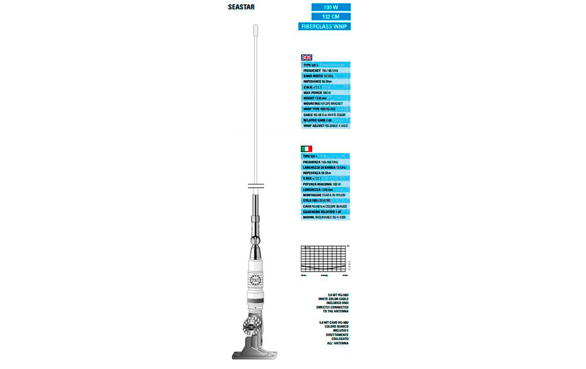 SEASTAR SIRTEL Antena Nautica Fibra, VHF 156-166 Mhz.,100 W Long.132 cms. 