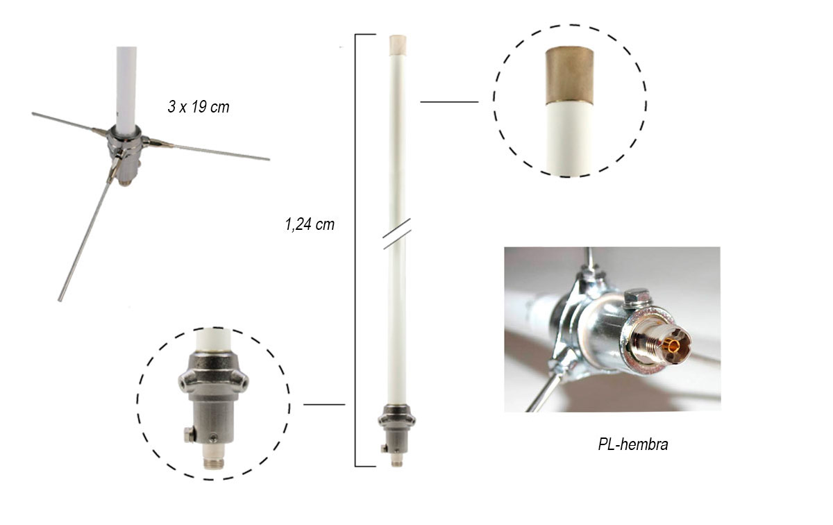 MA1300 Falkos Antena base Fibra de Vidrio 144/430 Mhz. 1,4 mts PL 