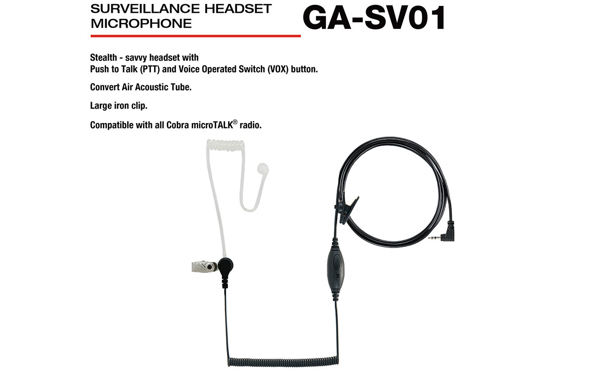 cobra ga-sv01 micro-auricular tubular con ptt especial para ambientes ruidosos, uso militar, seguridad o industrial.