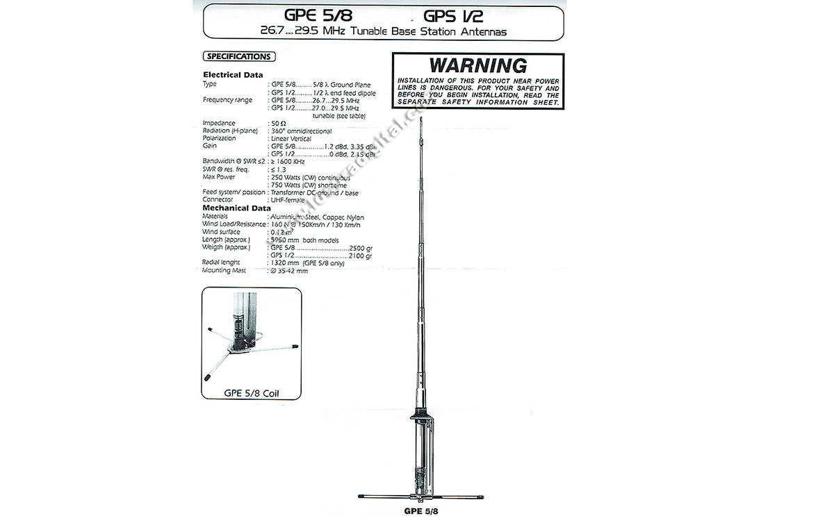 gpe2758 sirio antena base cb 27 mhz, 5/8 onda. longitud 6 metros