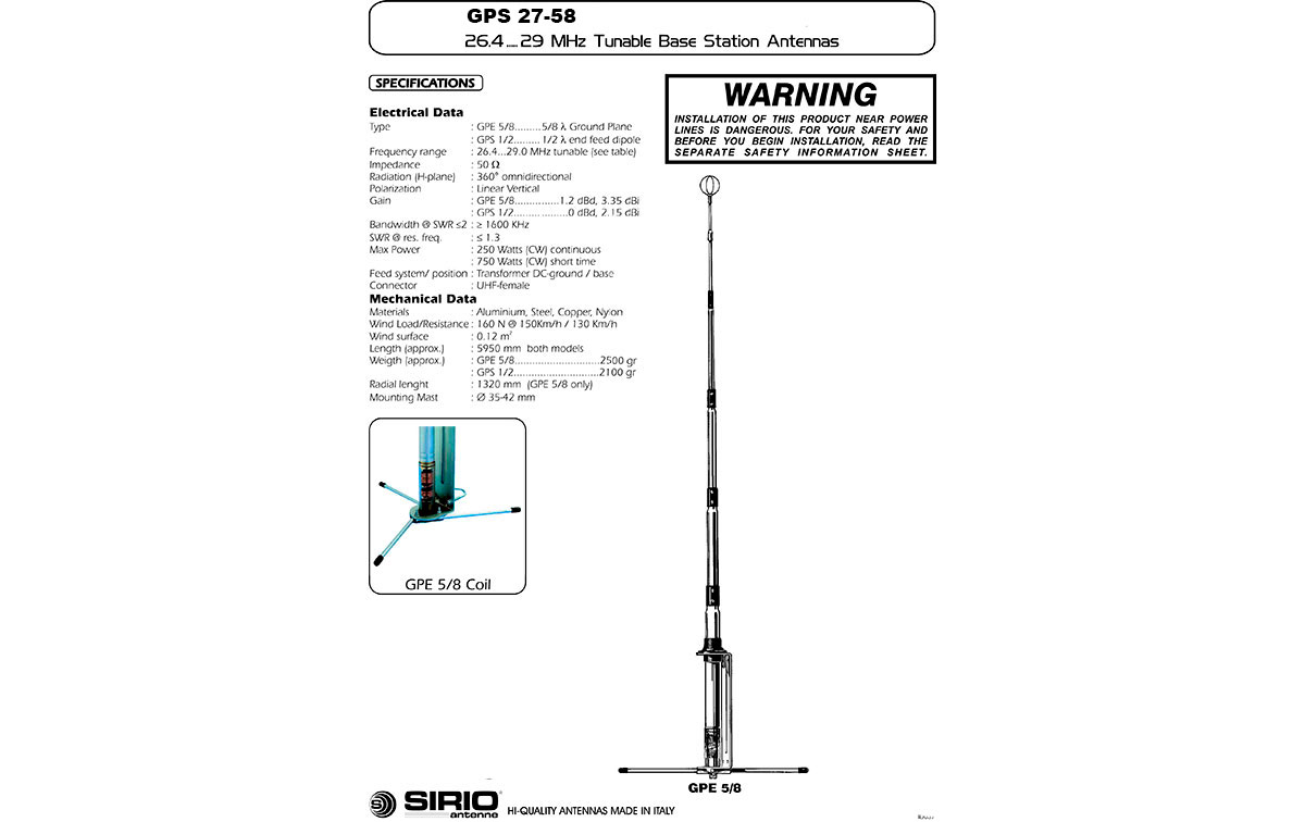 SIRIO GPE27 5/8. Antena CB 26-28 Mhz. 5/8 onda. 