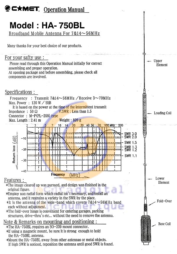 COMET HA750BL HF mobile antenna TX 7 / 14 - 56 MHz., 120 w SBB, long. 241 cms.