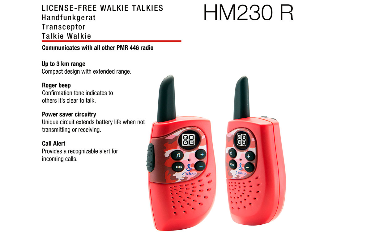 COBRA HM-230-RED Pareja de walkies PMR uso libre color rojo, Alcance de hasta 3 kilómetros: diseño compacto y liviano, Ahorro de energía: el circuito exclusivo prolonga la vida útil de la batería cuando no se transmite o recibe.Tono Roger: el tono de confirmación indica a los demás que es claro hablar.