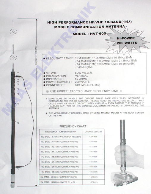 MAAS HVT600 antenna HF / VHF / UHF amateur bands 80m / 40m / 30m / 20m / 17m / 15m / 12m / 10m / 6m / 2m