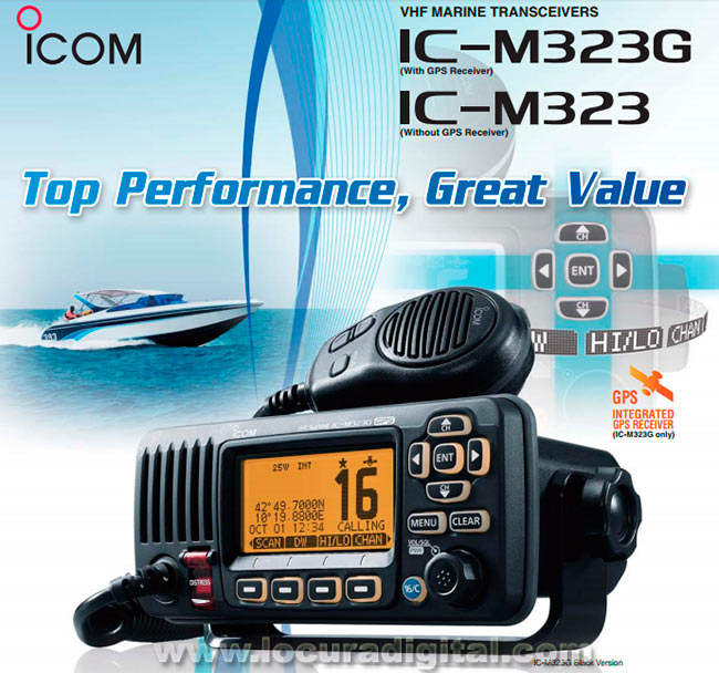 icom ic-m323g emisora de base banda marina con gps ipx7 , frecuencias 156- 161 mhz. color blanco.