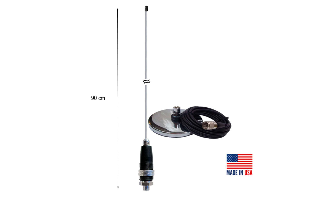 PROCOMM JBC-112-3600 Antena vehiculo base iman 8 cm CB27 Longitud antena 90 cm. Fabricado originalmente en EE. UU. --- JBC-112-3600 es una antena de 1/2 onda, sintonizable 27 MHz. y por lo tanto valida para la banda CB de 11 metros. 