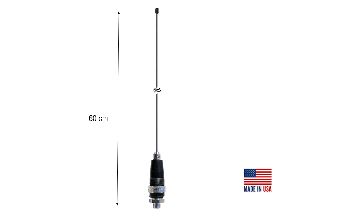 PROCOMM JBC-2400 Antena movil de CB 27 Mhz radiante para valida para bases 3/8 Longitud antena 60 cm. Fabricado originalmente en EE. UU. --- JBC-2400 es una antena de 1/2 onda, sintonizable 27 MHz. y por lo tanto valida para la banda CB de 11 metros. 