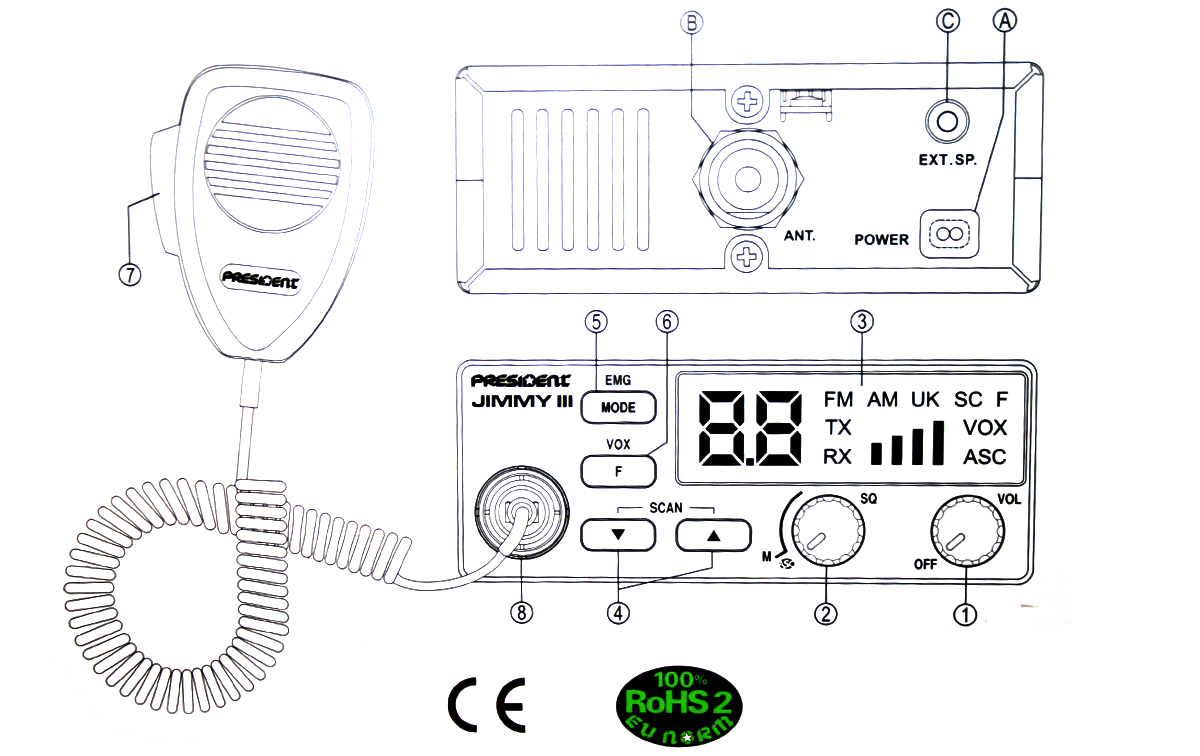 president jimmy ii emisora cb 27 mhz. am - fm 12 voltios