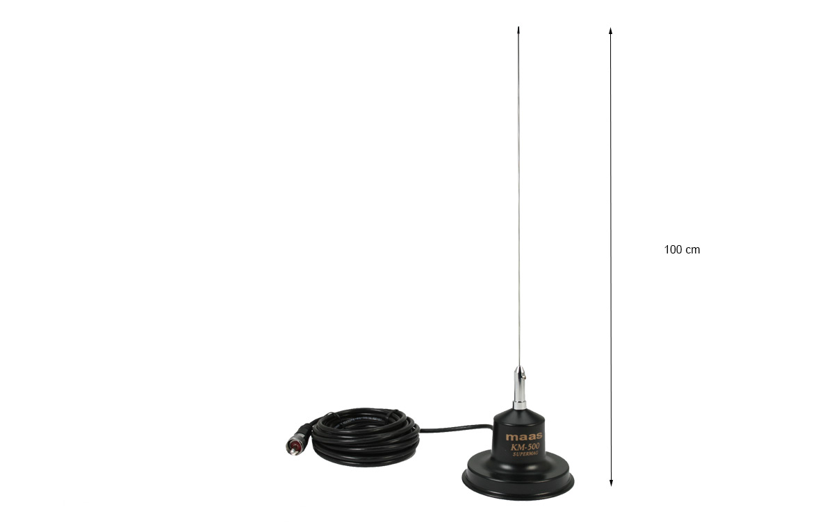 Antena con base magnética Maas KM_500: Longitud de antena de 105 cm y diámetro de base magnética de 10 cm, proporcionando una sólida fijación para una recepción óptima.