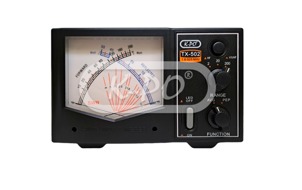 K-PO TX-502N Medidor ROE SWR y potencia 1,6 a 525 Mhz. Rango Potencia 2, 20 y 200 watios. Agujas cruzadas. Conectores PL hembra para el rango de 1,6 a 200 Mhz y N hembra para el rango de 125 a 525 Mhz