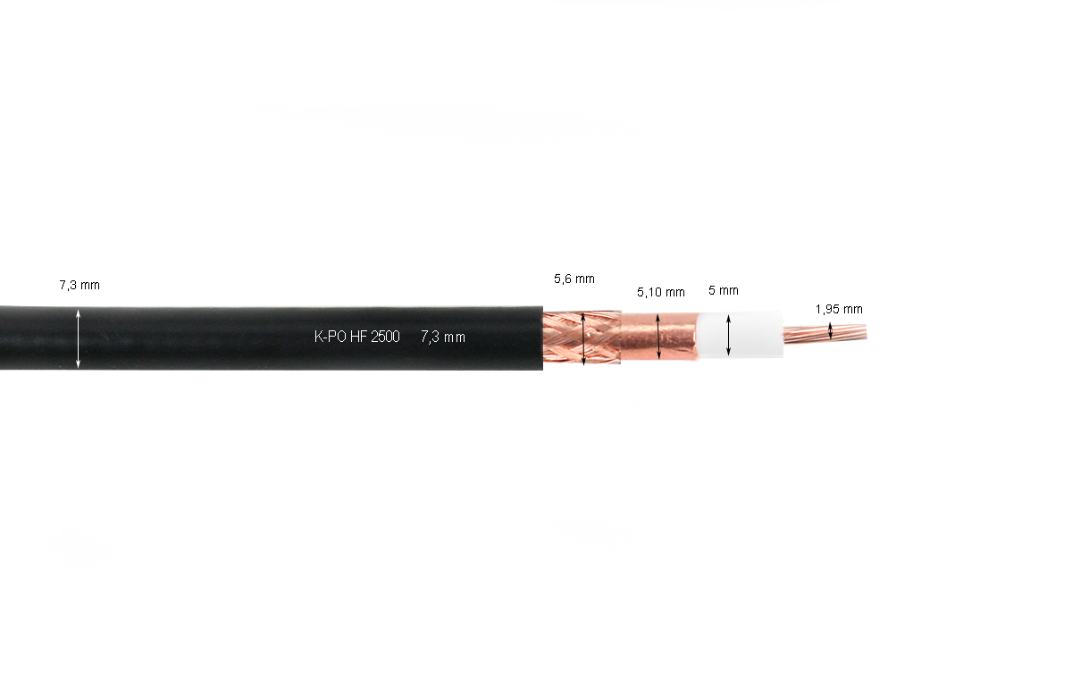 kpo hf-2500 cable coaxial baja perdida 7,3 mm vivo trenzado 7 hilos grosor total 1,97 mm. 